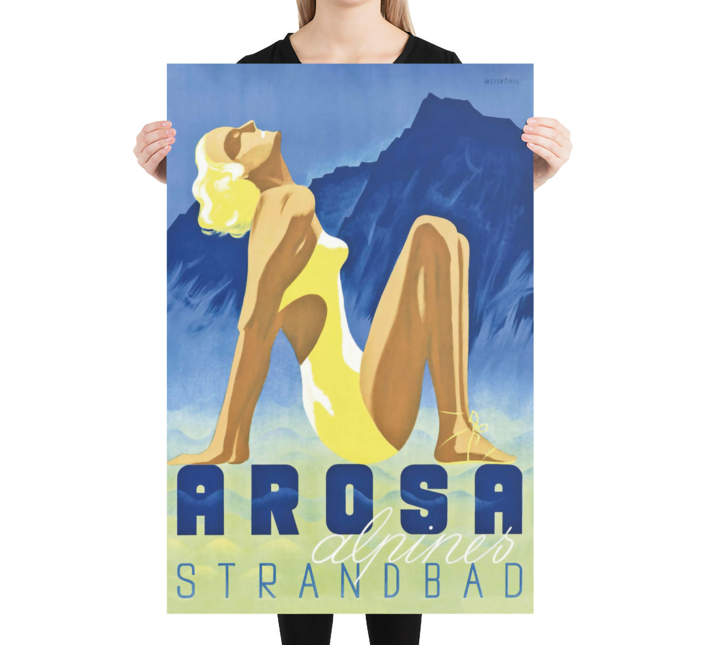 Arosa Strandbad, Switzerland vintage travel poster by Werner Weiskonig, 1930s.