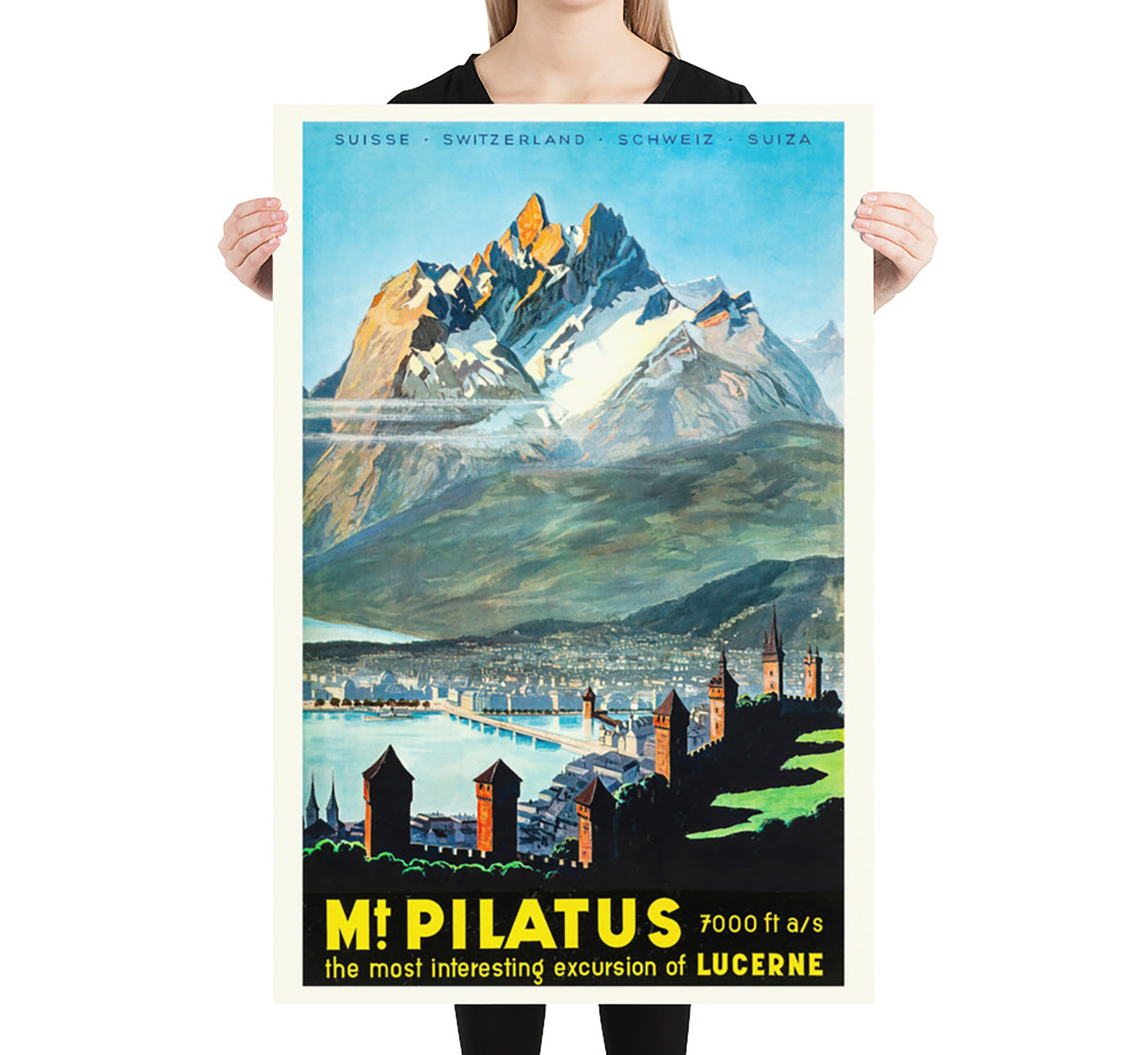 Pilatus mountain over Lucerne Switzerland vintage travel poster by unknown author, 1940s.