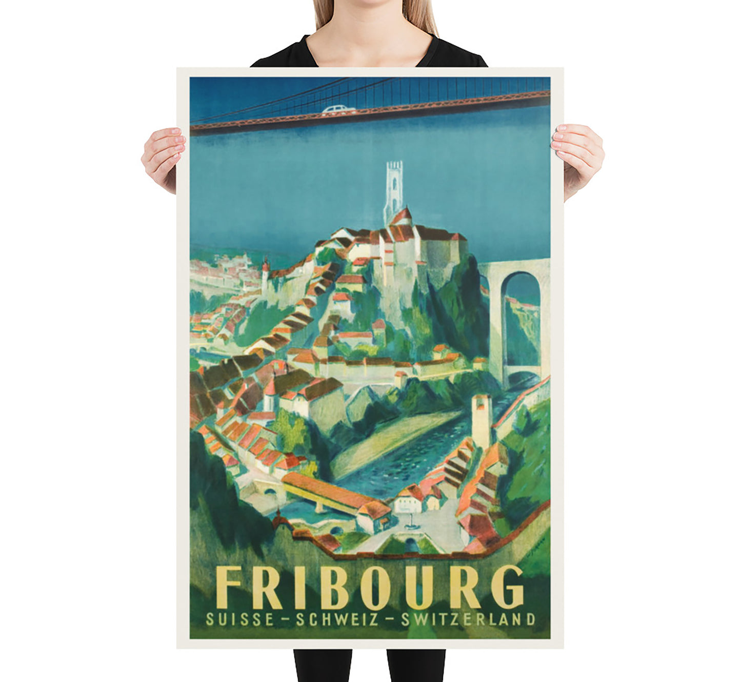 Fribourg, Switzerland vintage travel poster by Willy Jordan, c. 1945.