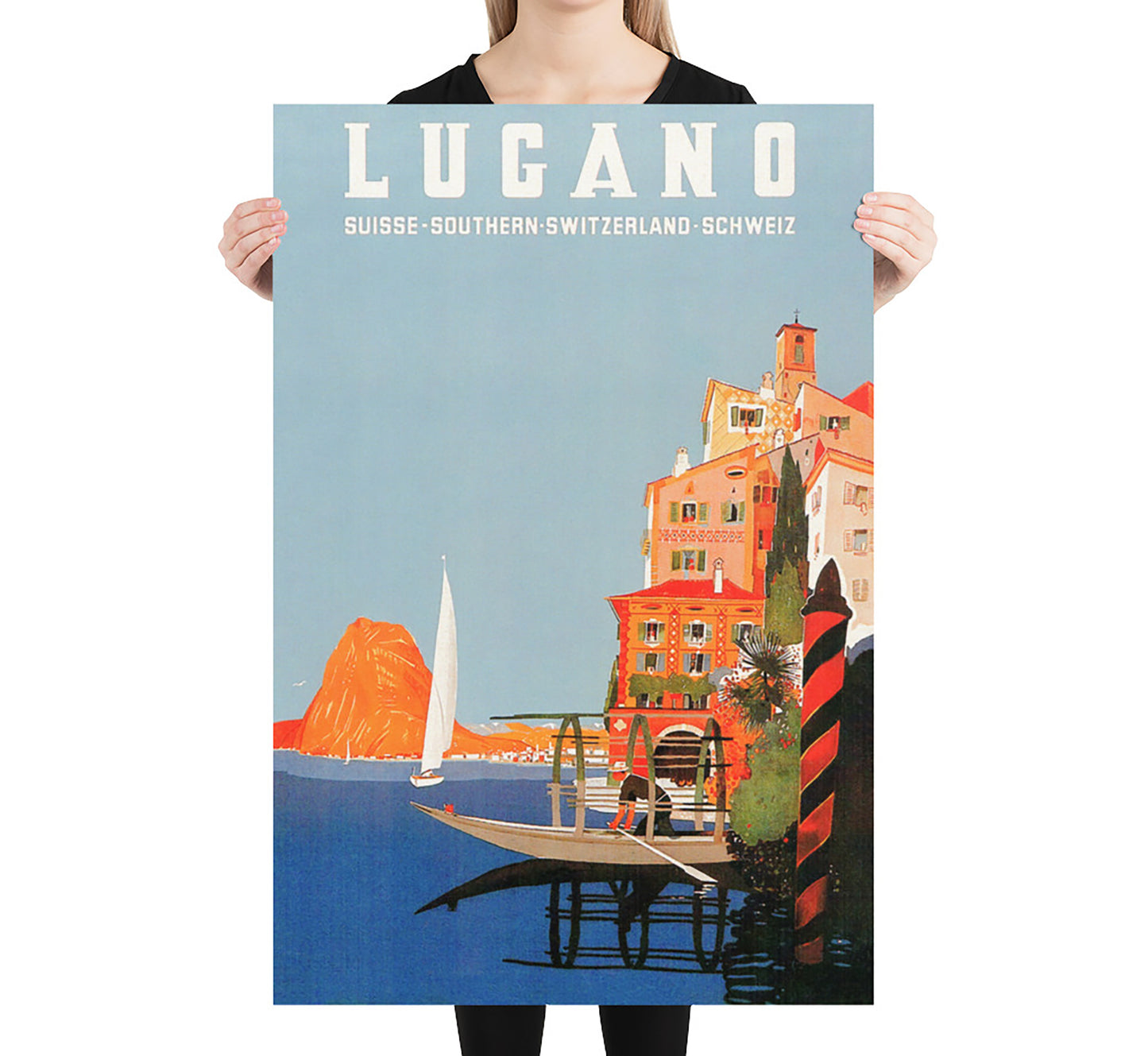 Lugano lake, Switzerland vintage travel poster by unknown author, c. 1930.