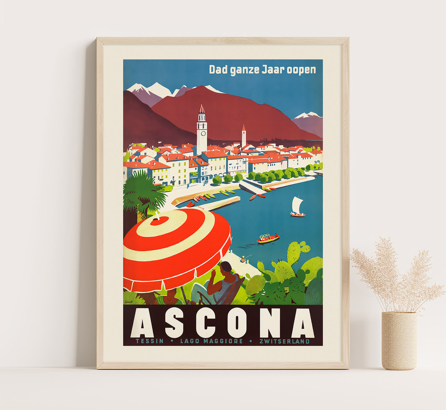 Ascona, Dad ganze Jaar oopen, Switzerland vintage travel poster by A. Trüb & Cie.