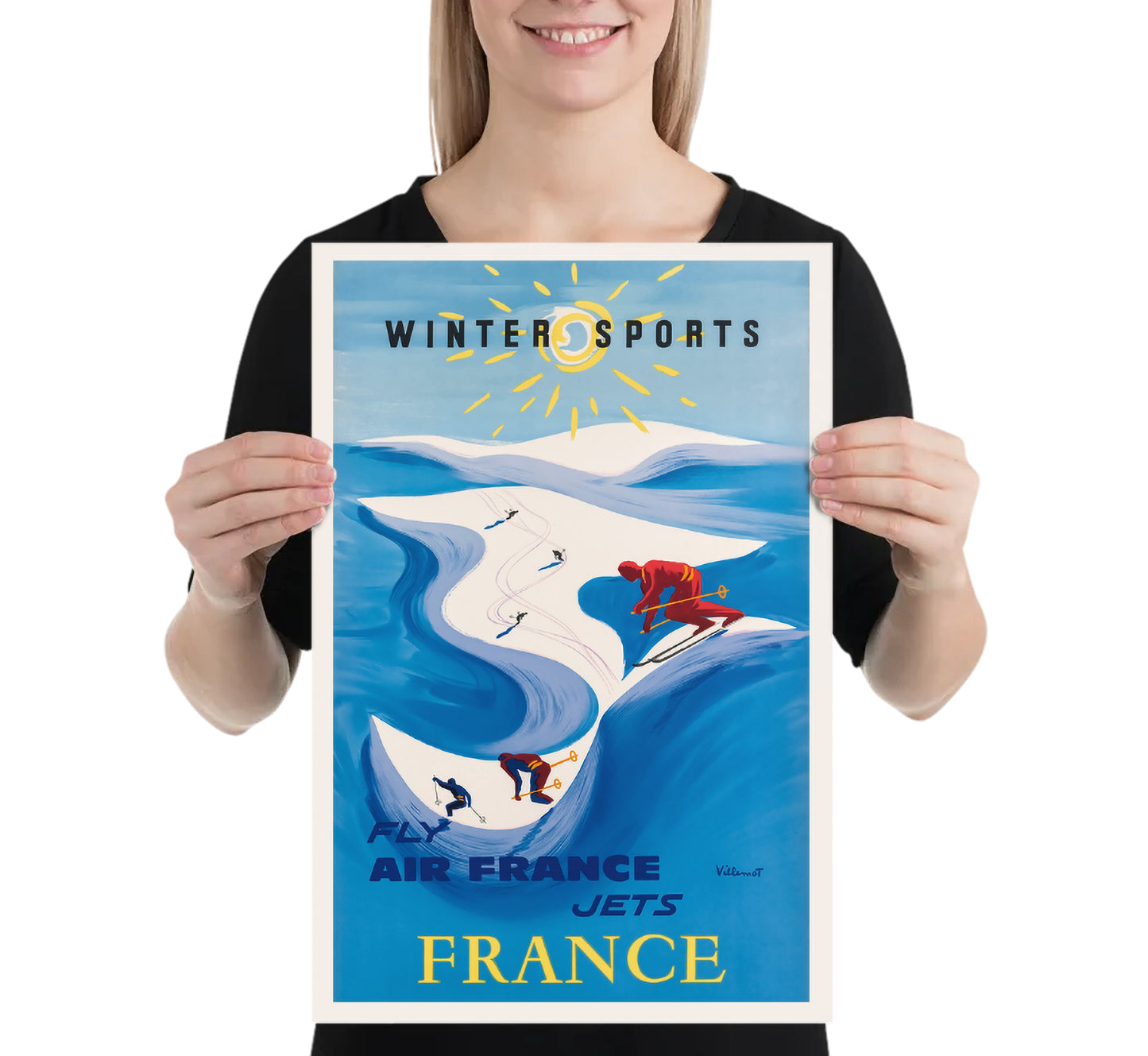 Air France, Winter Sports in France vintage poster by Villemot 1950s.