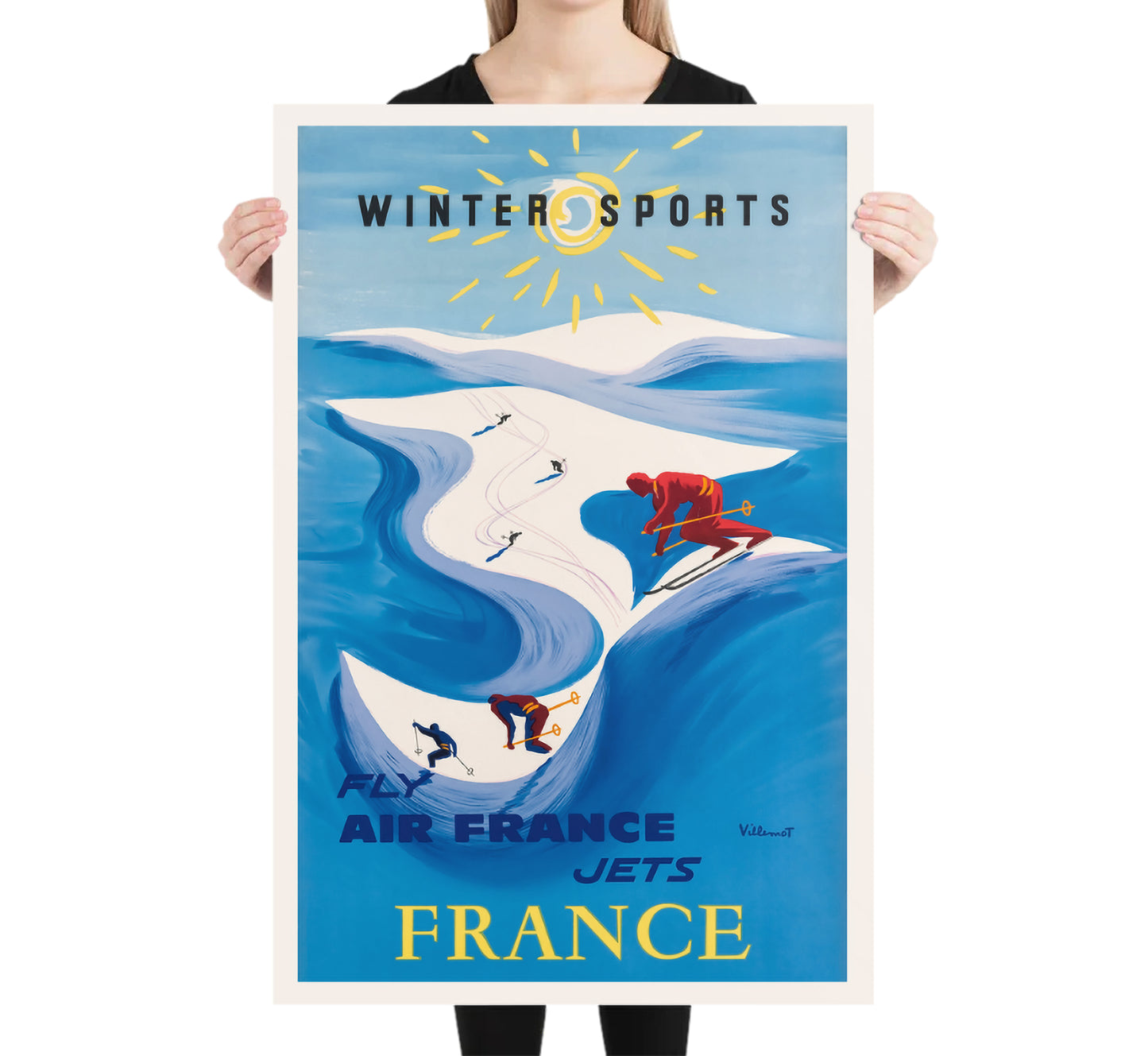 Air France, Winter Sports in France vintage poster by Villemot 1950s.