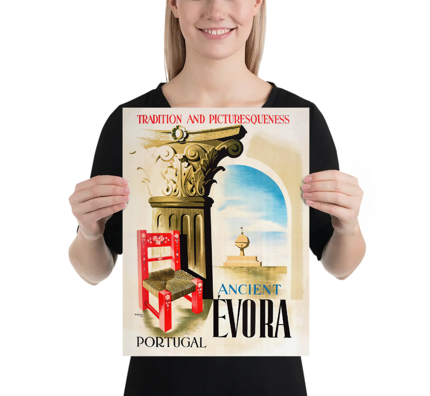 Ancient Evora Portugal vintage travel poster by Ribeiro, 1947.