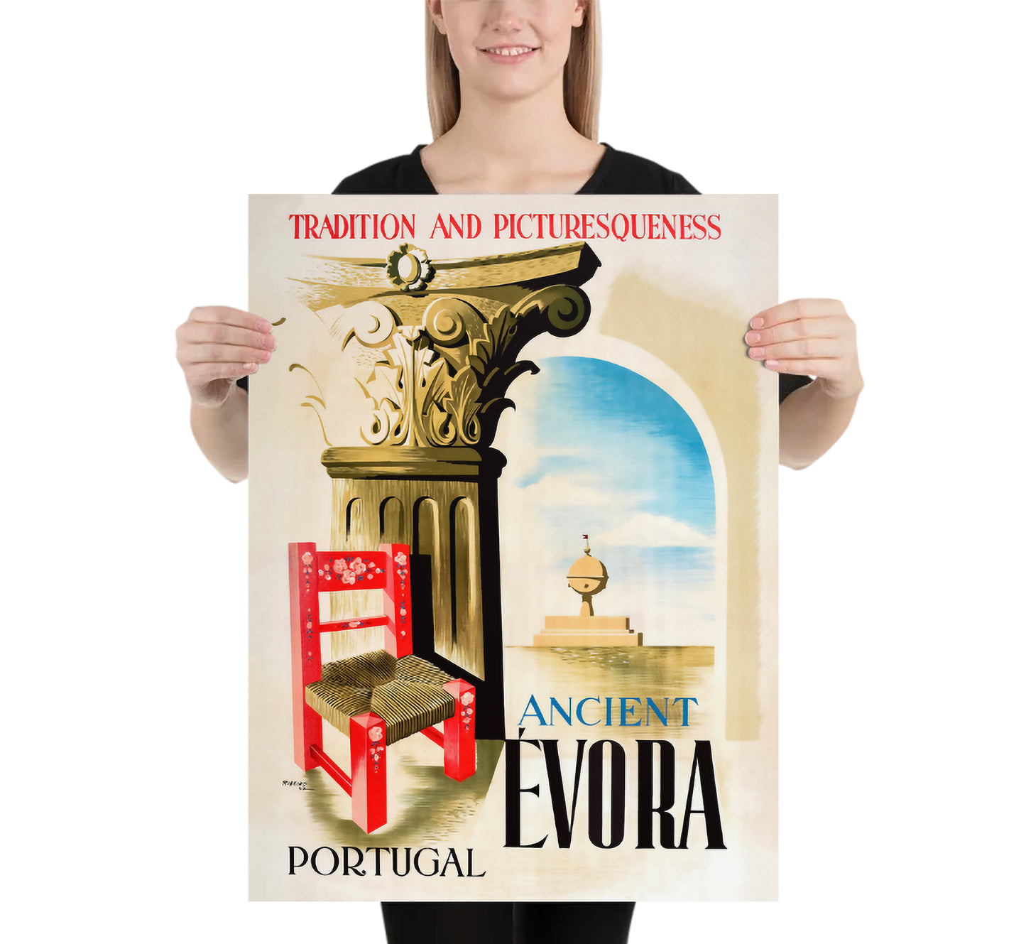 Ancient Evora Portugal vintage travel poster by Ribeiro, 1947.