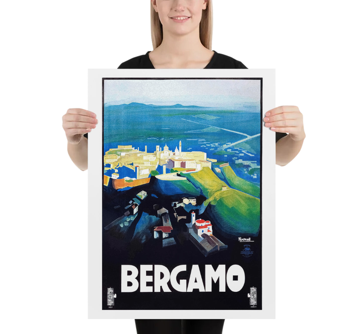 Bergamo Italy vintage travel poster by Marcello Nizzoli, c. 1927.