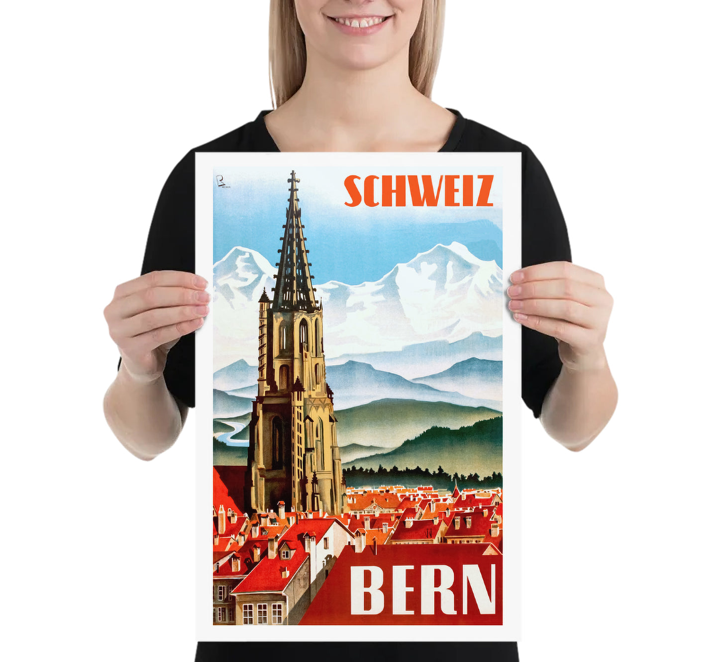 Bern, Switzerland vintage travel poster by Bernhard Reber, 1934.