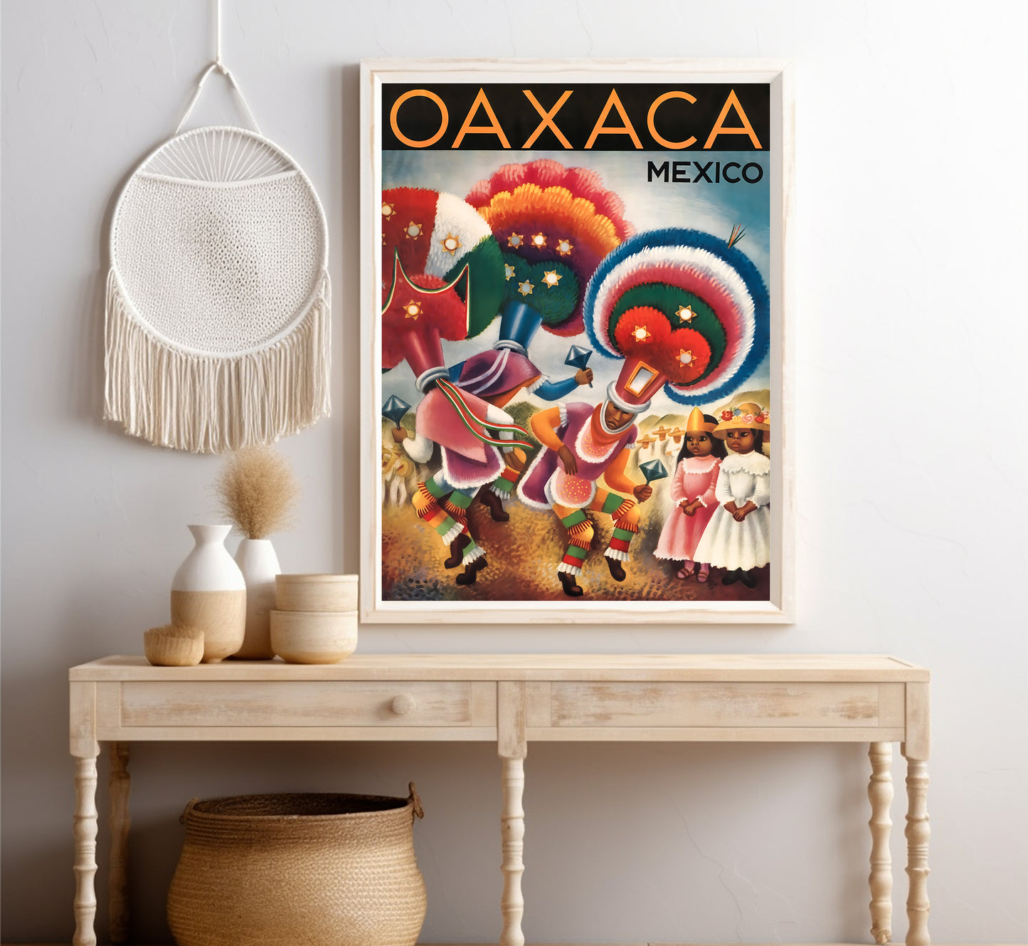 Mexicans in ceremonial dress, Oaxaca, Mexico vintage travel poster by Covarrubias, 1947.