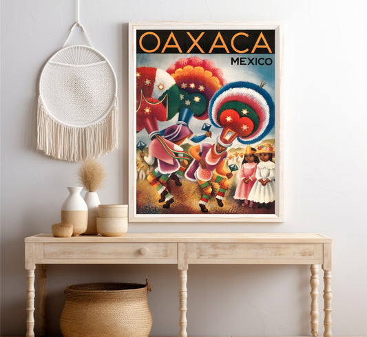 Mexicans in ceremonial dress, Oaxaca, Mexico vintage travel poster by Covarrubias, 1947.