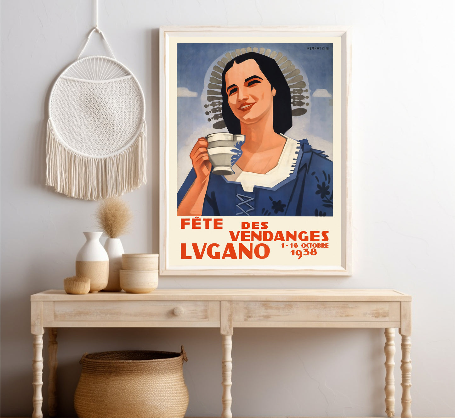 Lugano, Wine Festival, Switzerland vintage travel poster by Ferrazzini, 1938.