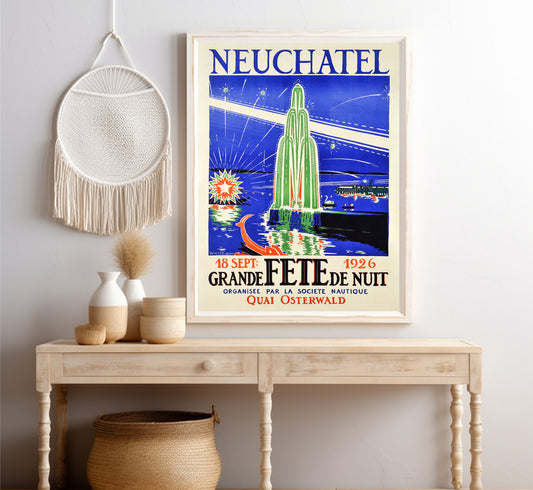 Extremely rare Art Deco Neuchatel Switzerland vintage poster by Arch Walter, 1926.