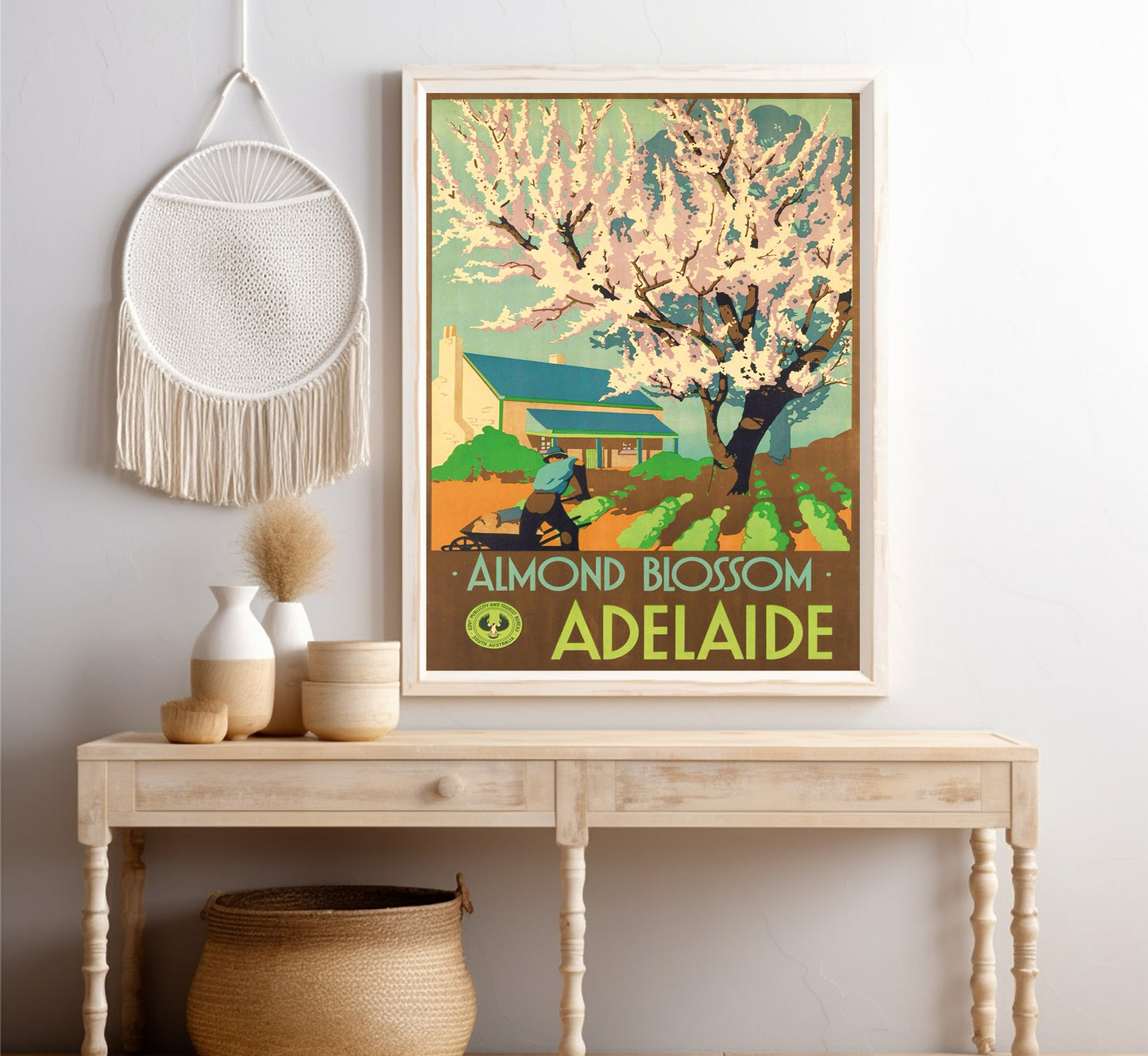 Adelaide, Almond Blossom, Australia vintage travel poster by Clifford Wall, 1930s.