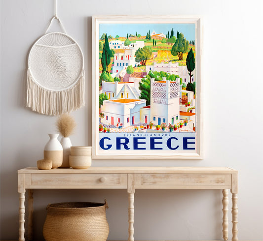 Island of Andros, Greece vintage travel poster by unknown author, 1940s.