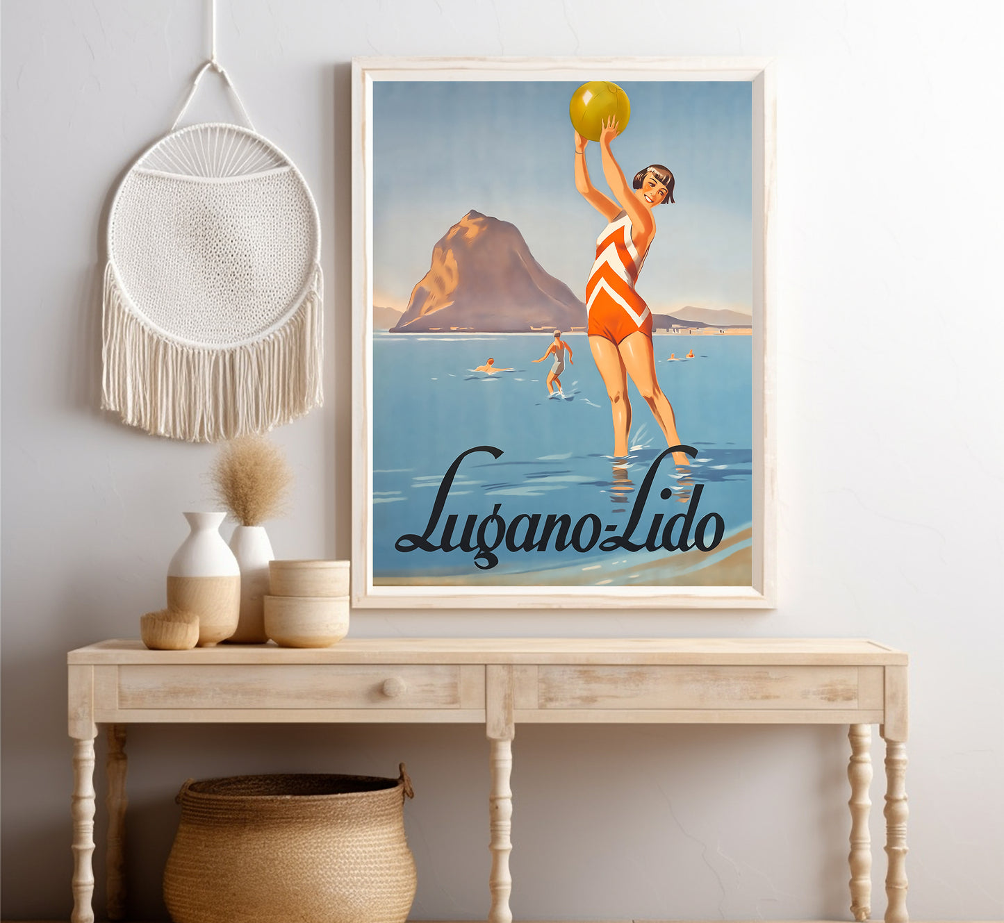 Lugano Lido beach, Switzerland vintage travel poster by unknown author, c. 1930.