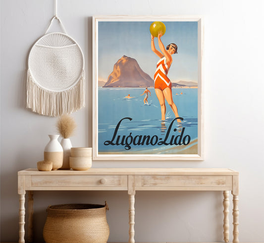 Lugano Lido beach, Switzerland vintage travel poster by unknown author, c. 1930.