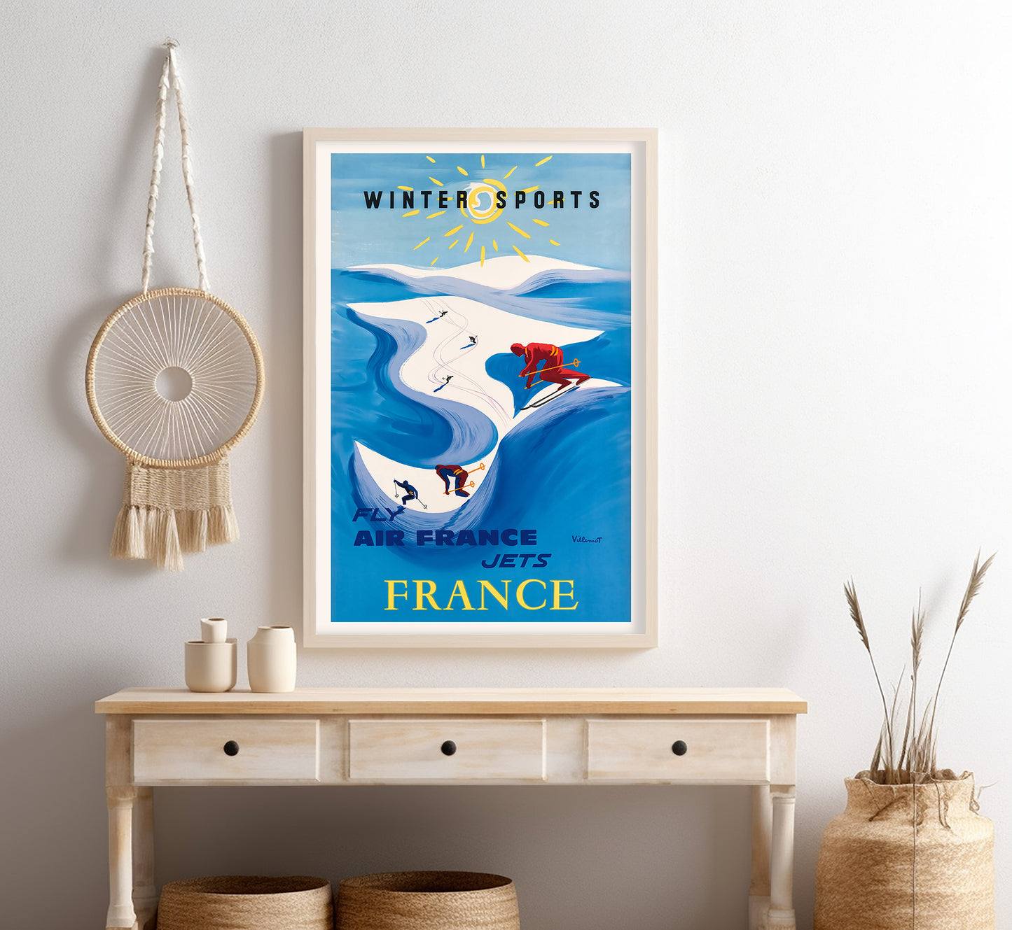 Air France, Winter Sports in France vintage poster by Villemot 1950s.