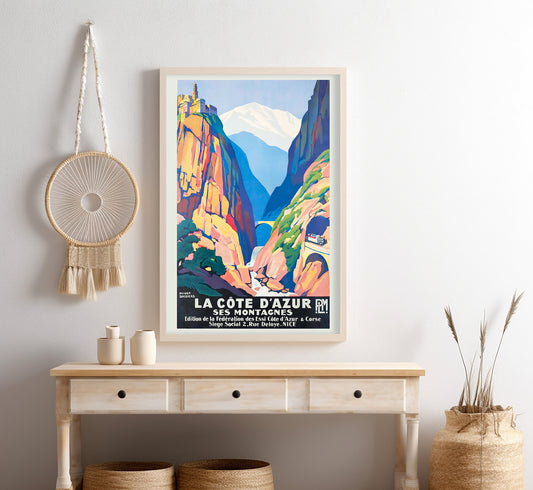 PML La Cote d'Azur Ses Montagnes vintage travel poster by Roger Broders.