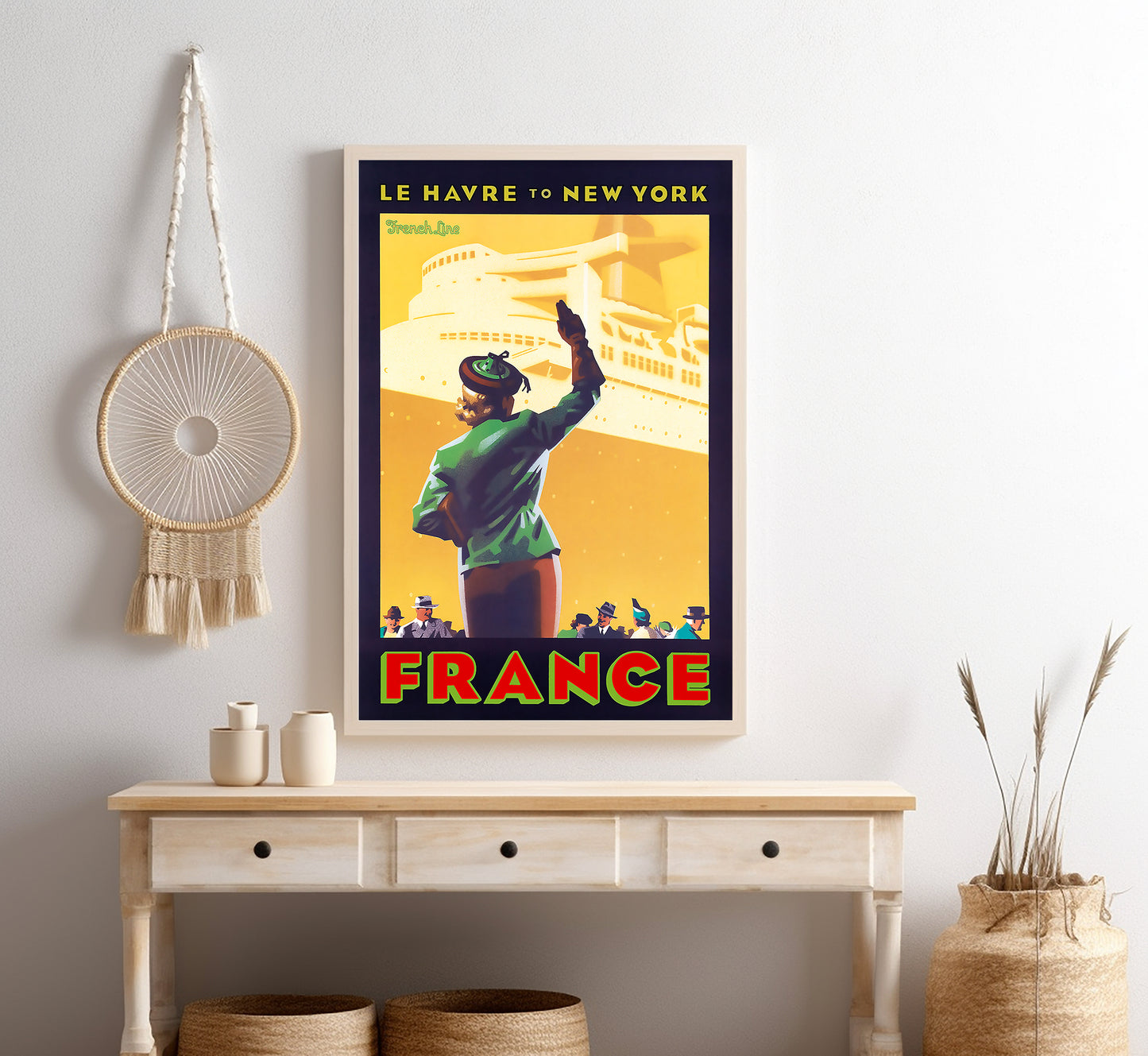 French Line, Le Havre to New York, France vintage travel poster by Laura Smith, 1930s.