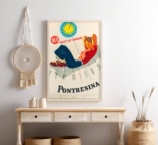 Pontresina, Switzerland vintage travel poster by Martin Peikert, 1943.