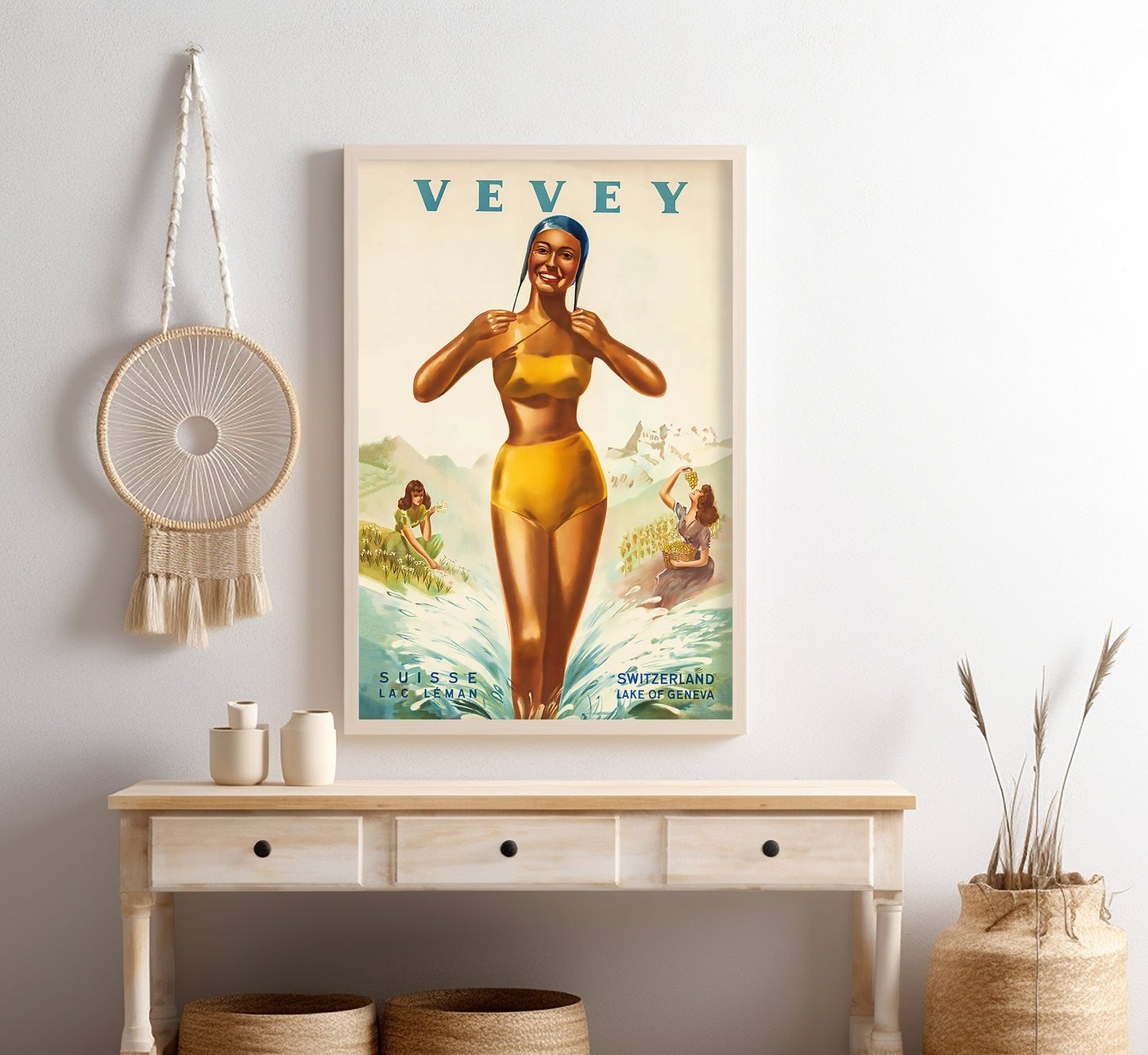 Vevey, Lake of Geneva, Switzerland vintage travel poster by Victor Rutz, 1940s.