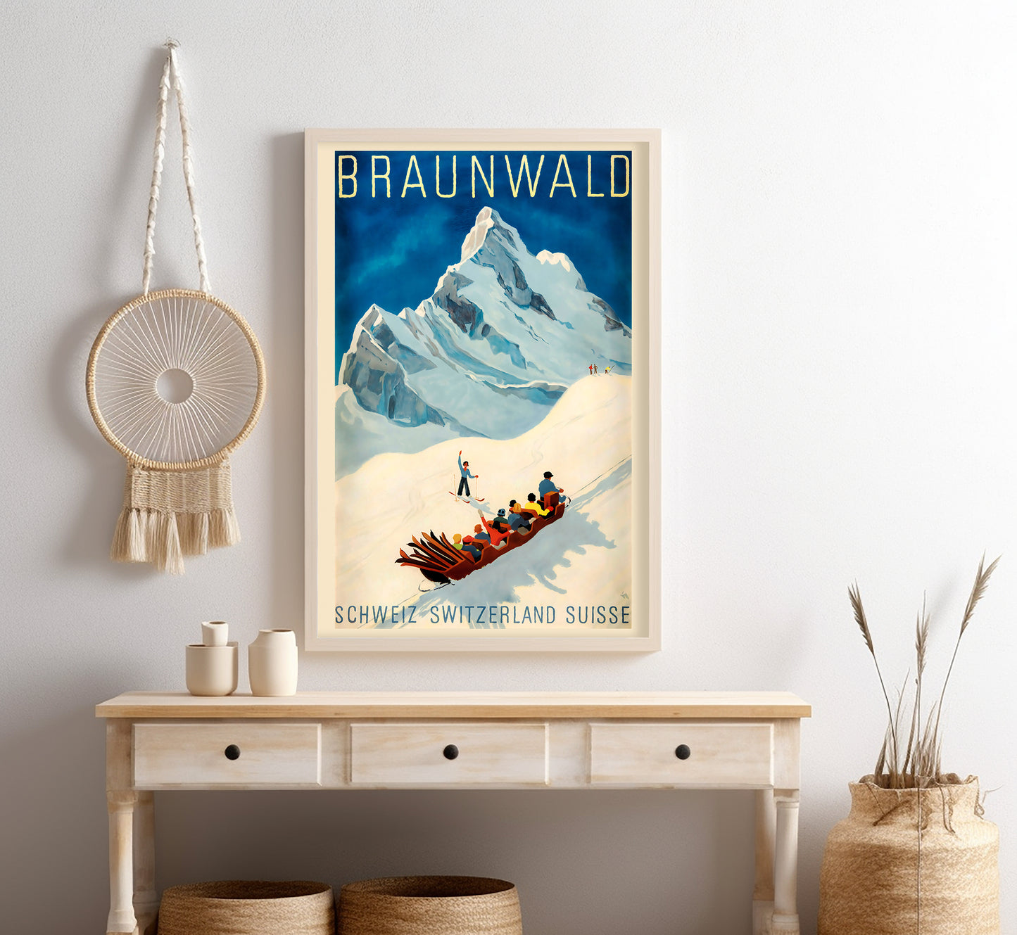 Braunwald Switzerland vintage travel poster by Alex Walter Diggelmann, c. 1943.