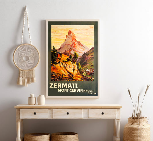Zermatt Matterhorn, Mount Cervin, Switzerland vintage travel poster by Francois Gos, 1910-1959.