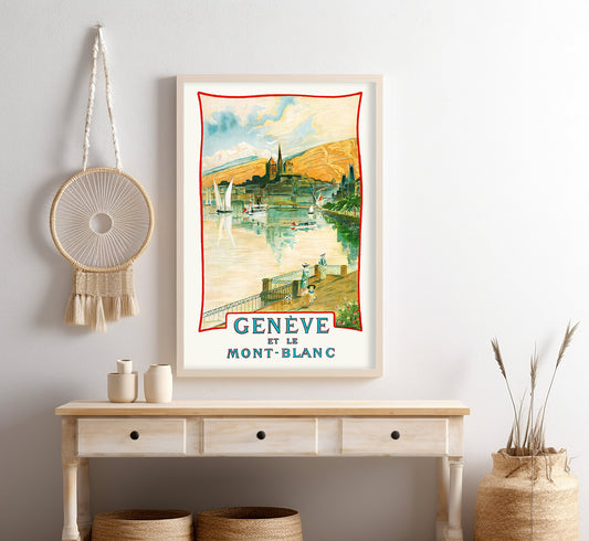Lake of Geneva, Mont Blanc, Switzerland vintage travel poster by Edmond Viollier, 1905.