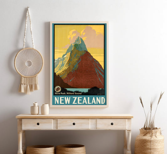 Mitre Peak, New Zealand vintage travel poster by L. C. Mitchell, c. 1910-1959.