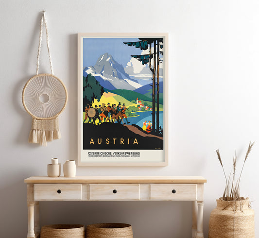 Austrian musicians by the coastline, Austria vintage travel poster by Kosel, 1910-1959.