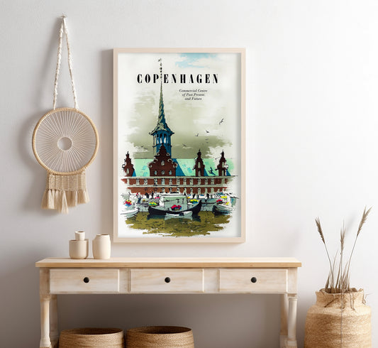 Copenhagen, Commercial center of past, present and future, Denmark vintage travel poster by unknown author, c. 1930s.