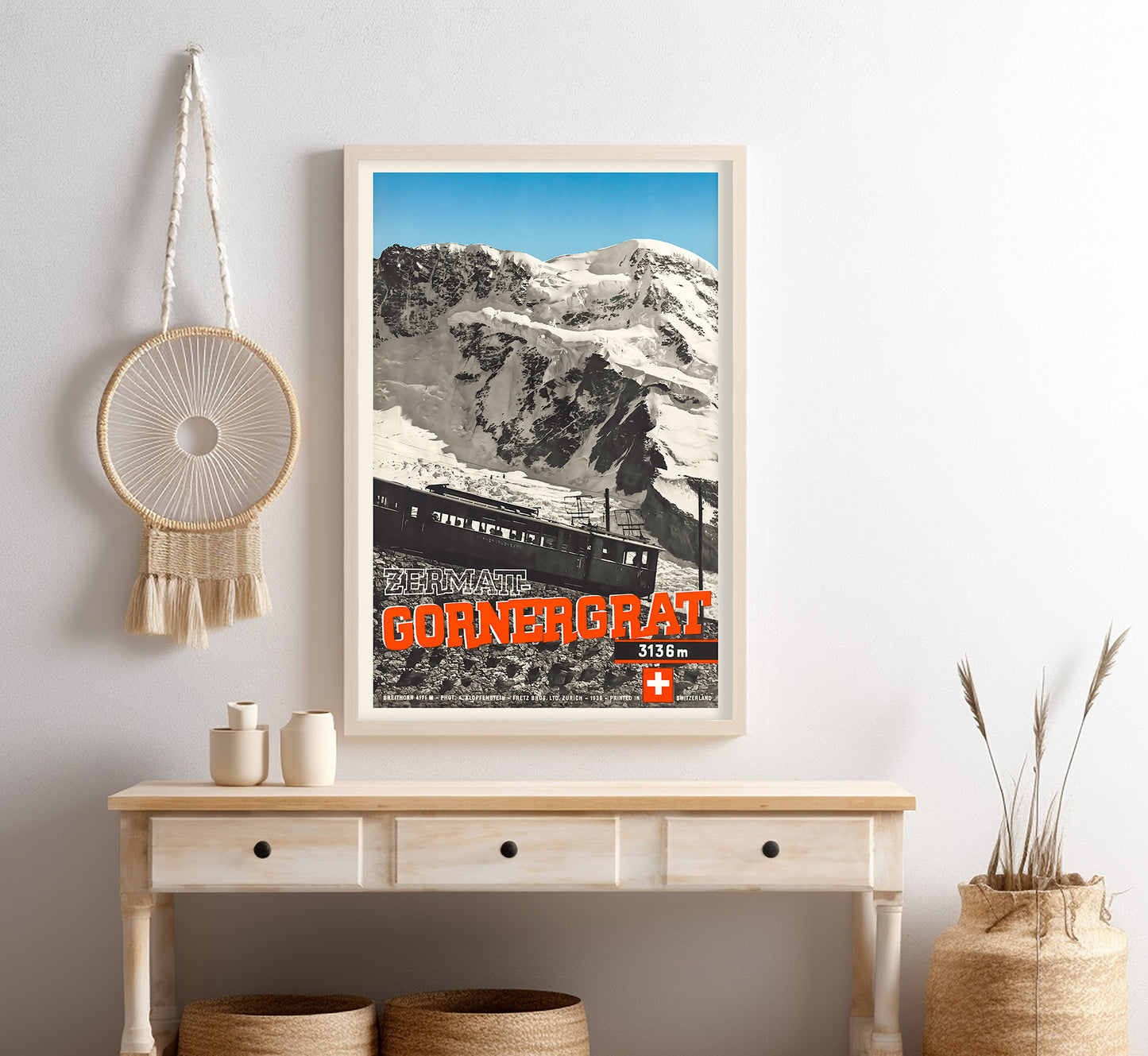 Zermatt, Gornergrat, Switzerland vintage travel poster by A. Klopfenstein, 1936.