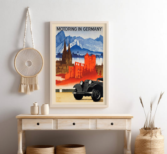 Motoring in Germany vintage travel poster by Ludwig Hohlwein, c. 1910-1959.