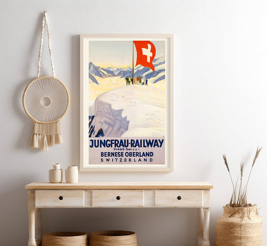 Jungfrau Railway, Bernese Oberland, Switzerland vintage travel poster by E.C, 1910-1959.