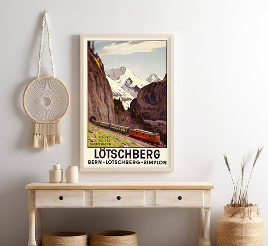 Lotschberg Simplon, Switzerland vintage travel poster by Plinio Colombi, c. 1937.