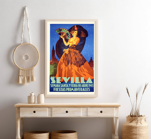 Seville Spain vintage travel poster, Sevilla Semana Santa v Feria de abril by Monsalve, c. 1943.