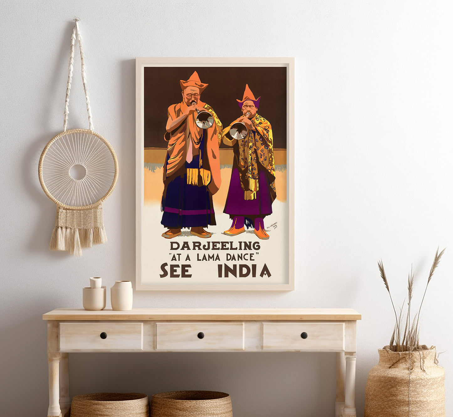 Darjeeling at a lama dance, See India vintage travel poster by Vic Veevers, 1934.