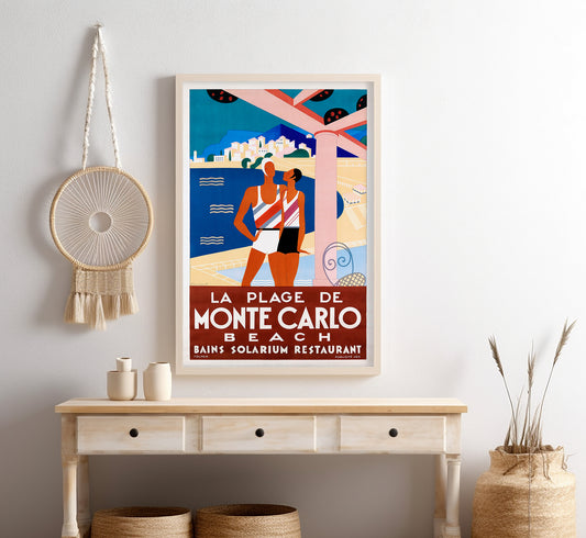 Monte Carlo beach Monaco vintage poster by Michel Bouchaud, 1929.