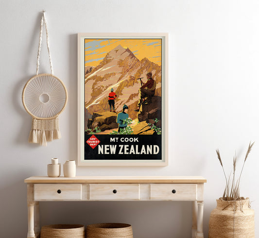 Mount Cook, New Zealand vintage travel poster by L. C. Mitchell, mid-1900s.
