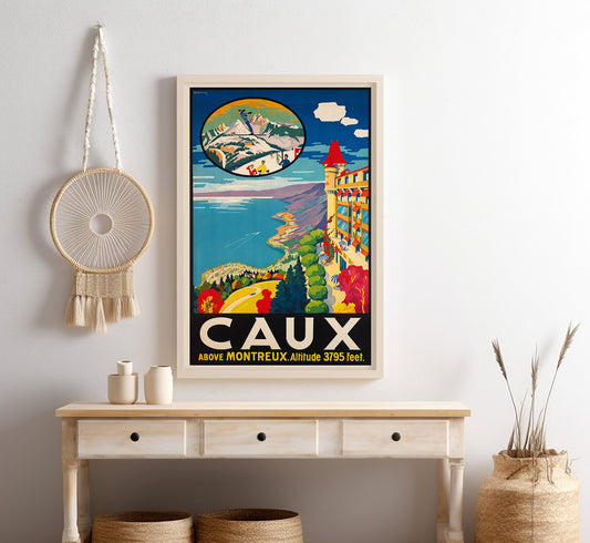 Highly collectable Caux above Montreux, Switzerland vintage travel poster by Jacomo Muller, c. 1925.