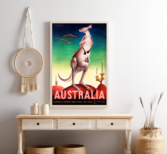 Kangaroo with her offspring, Australia vintage travel poster by Mayo Eileen, 1910-1955.