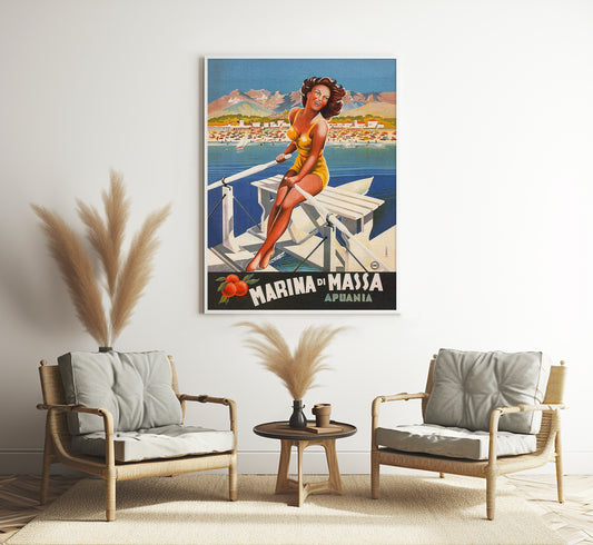 Marina di Massa, Italy Vintage Travel Poster by Filippo Romoli, c. 1949.