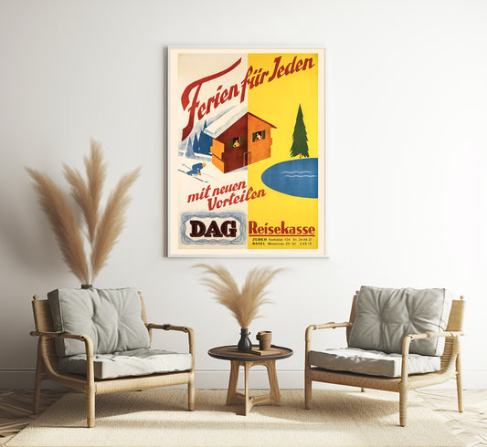 Winter and summer sports in Swiss, Switzerland vintage travel poster by unknown author, 1938.