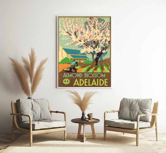 Adelaide, Almond Blossom, Australia vintage travel poster by Clifford Wall, 1930s.