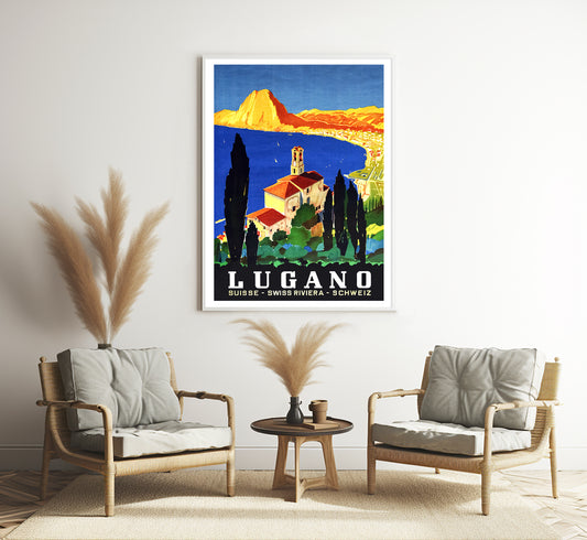 Swiss Riviera poster, Lugano lake, Switzerland vintage travel poster Daniele Buzzi, c. 1945.