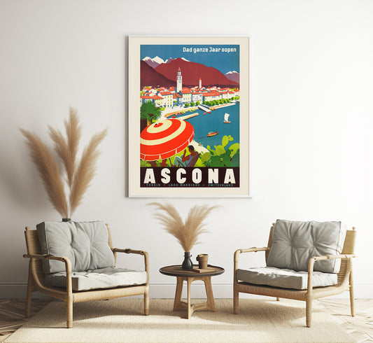 Ascona, Dad ganze Jaar oopen, Switzerland vintage travel poster by A. Trüb & Cie.