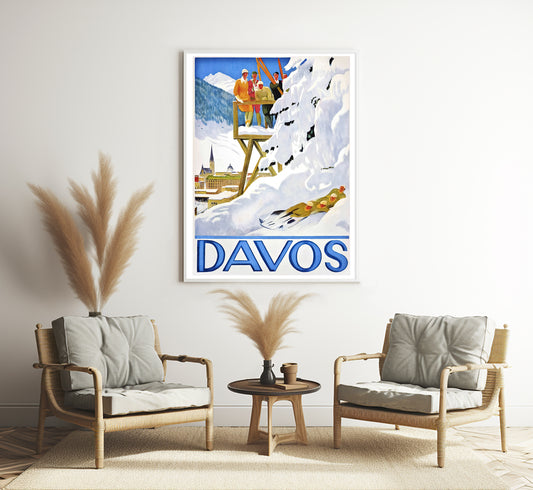 Davos, Swiss Alps, Switzerland vintage travel poster by Emil Cardinaux, 1930s.