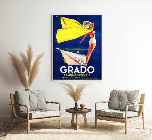 Grado, Psammatoterapia, Province of Gorizia, Italy vintage poster by Mario Puppo, 1910-1955.