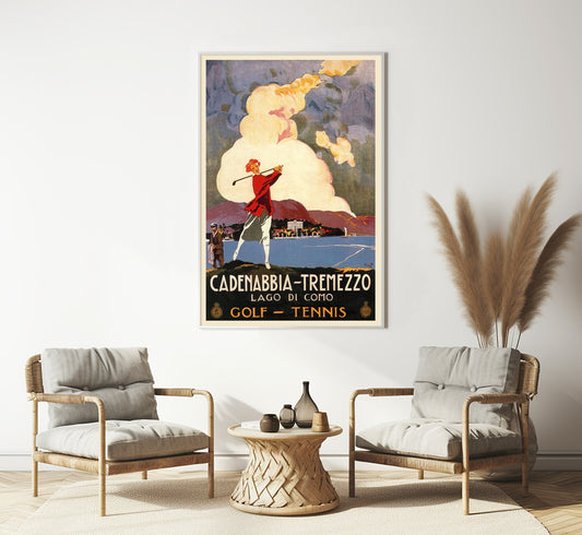 Lake Como Golf Tennis Poster, ENIT Lago di Como Cadenabbia Tremezzo Italy Vintage Poster, 1926.