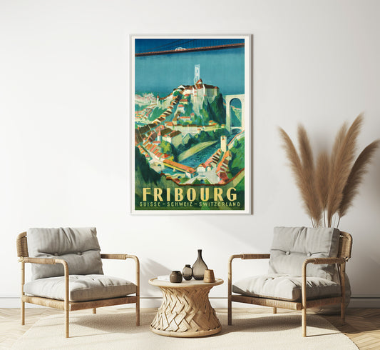 Fribourg, Switzerland vintage travel poster by Willy Jordan, c. 1945.