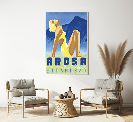 Arosa Strandbad, Switzerland vintage travel poster by Werner Weiskonig, 1930s.